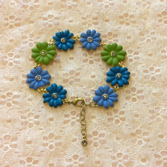 Vintage NEW Blue Green Art Deco Multi Floral Charms Silver Bangle Bracelet - Picture 2 of 7